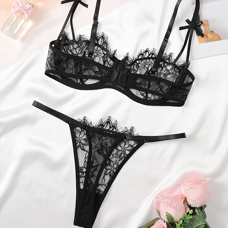 Thin mesh eyelash lace lingerie for women, a little sexy black pure see-through bra, underwear and underpants set