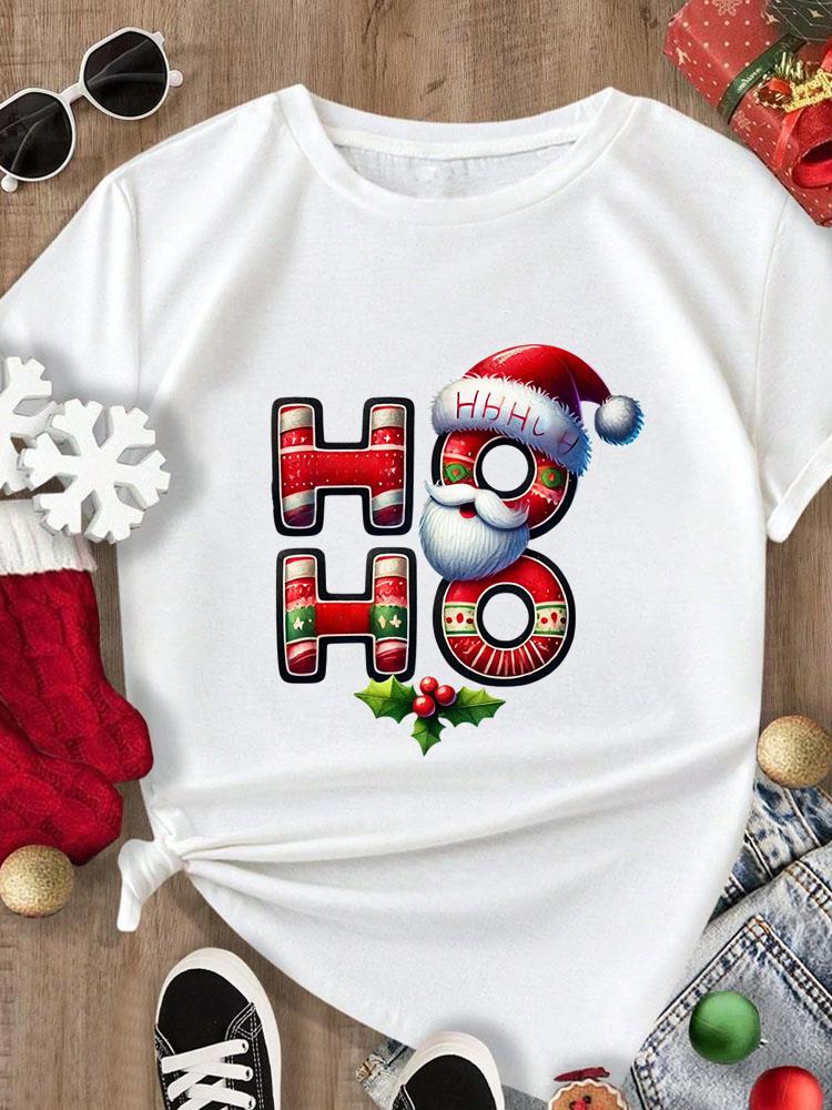 (Asian Size) Tee Merry Christmas New Year Holiday Top festival Casual Women cartoon trend cute Print Lady Short Sleeve Fashion Graphic T-shirts