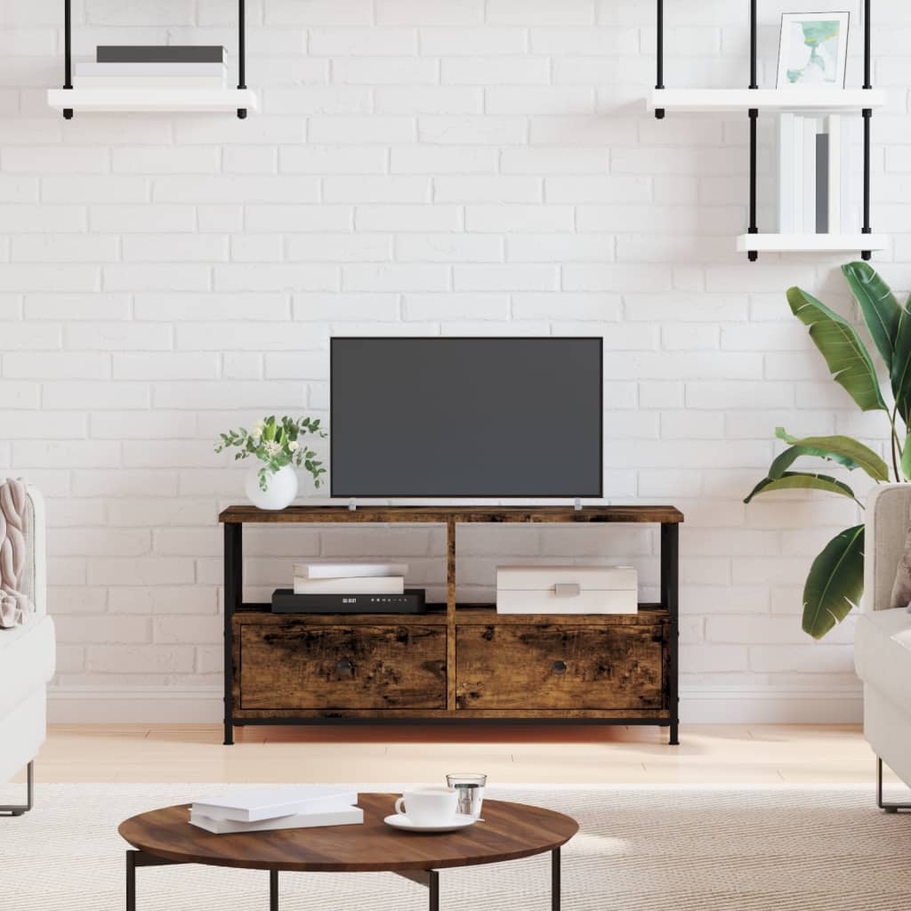 TV Stand in Smoked Oak Finish 90 x 33 x 45 cm Particleboard & Iron