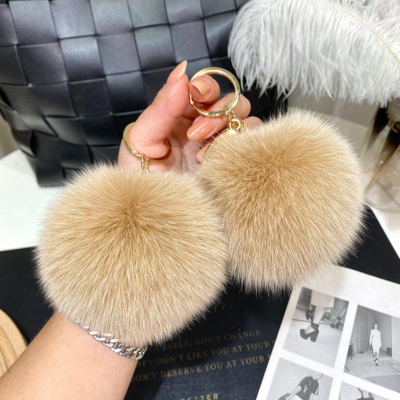 Großer 9cm flauschiger echter Fuchsfell-Ball Pompons Natürlicher Fell-Pompom Lederband Schlüsselanhänger Schlüsselring Anhänger Für Frauen Anhänger