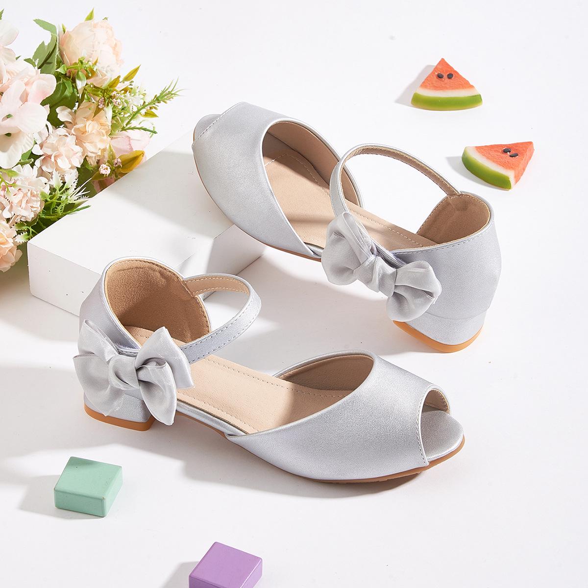 Kids & Teens Elegant Chunky Heels: Open Toe Bow Sandals 36 серебряный
