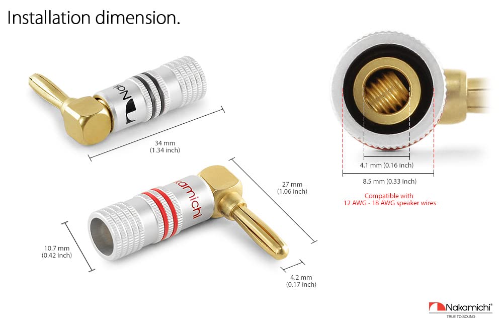 Nakamichi Excel Series 24K Gold Plated Banana Plugs 12 AWG 18 AWG Gauge Size 4mm Speaker Amplifier AV Stereo Home Theater Audio Wire Cable Screw