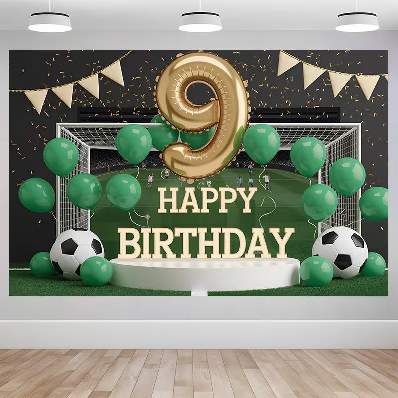 2D Soccer 9th Birthday Backdrop, Football Field Party Background for Boys