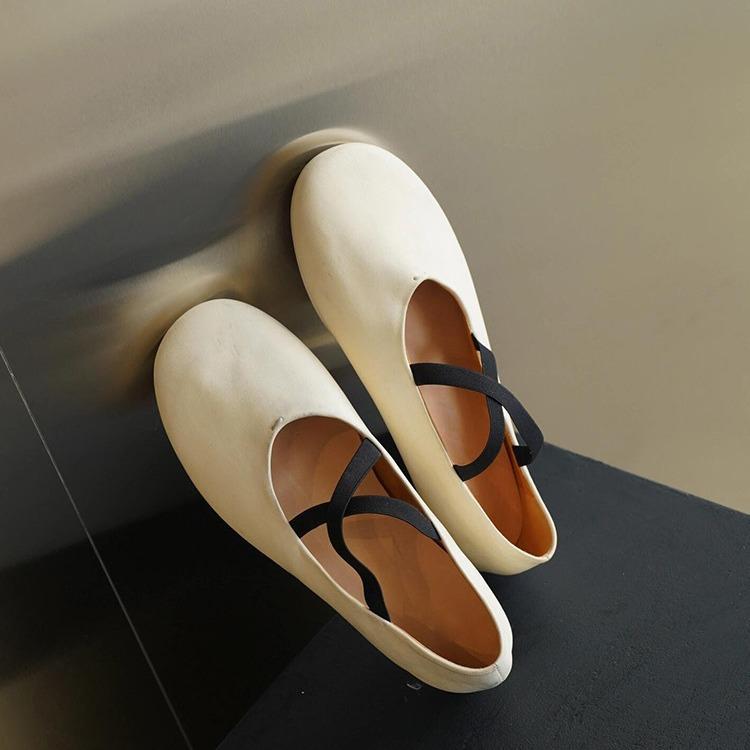 Cowhide version~ Genuine leather niche round head cross elastic band flat ballet shoes Mary Jane shoes women's autumn single shoes