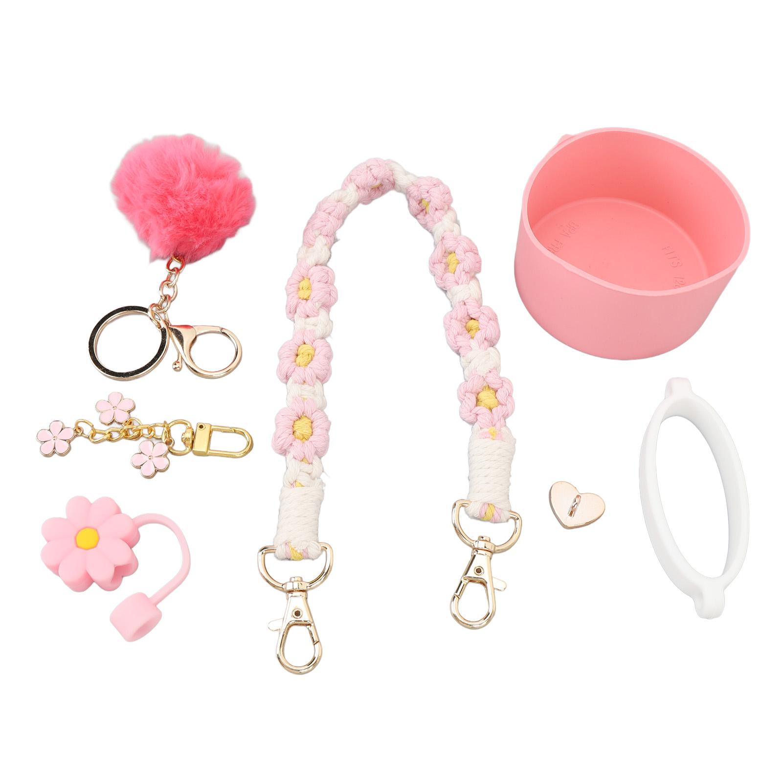 

Набор аксессуаров для чашек, набор украшений для чашек, соломенная шапочка, брелок в виде цветка для чашки, плюшевый шарик, подвеска для воды Bo Pink