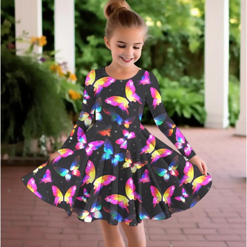 Girl Casual 3D Glitter Butterfly Print Round Neck Long Sleeve Dress Kid Princess Dress