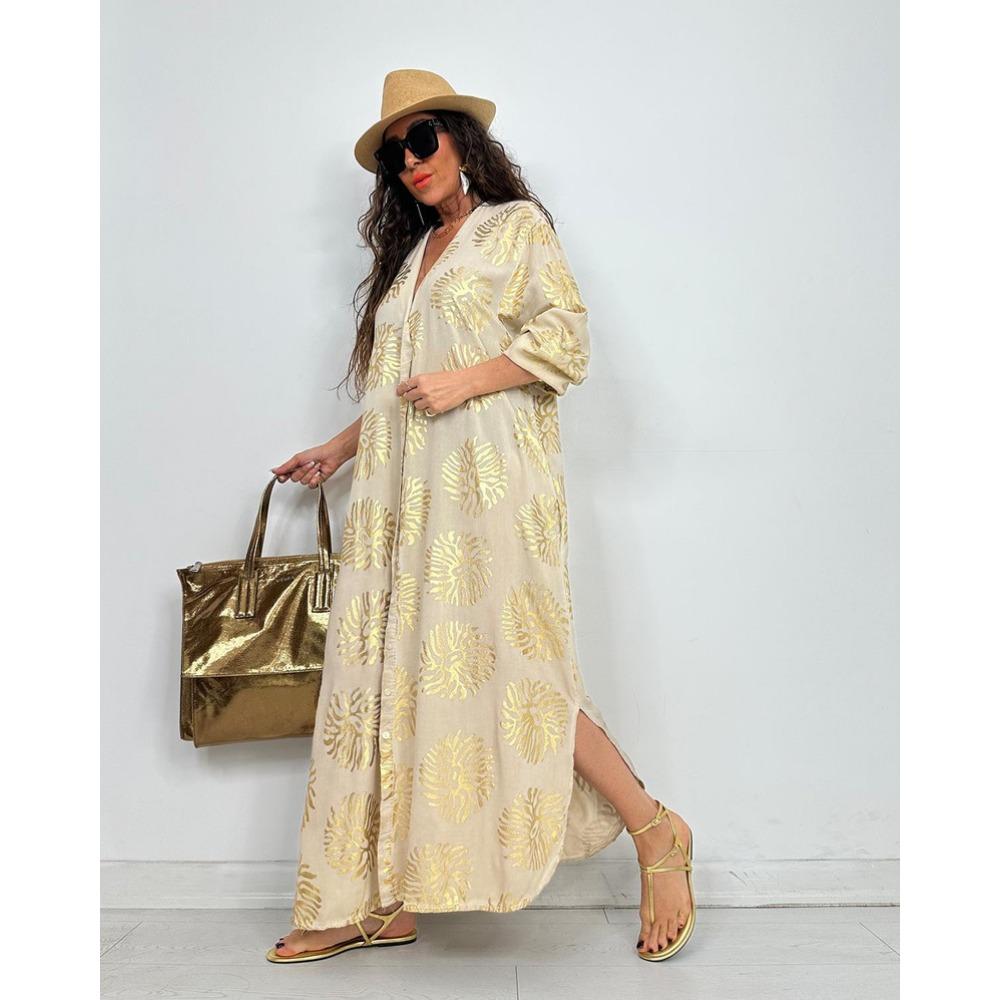 New Women's Lapel Printed and Gold-embossed Loose, Casual Long-sleeved Plum-sized Dress