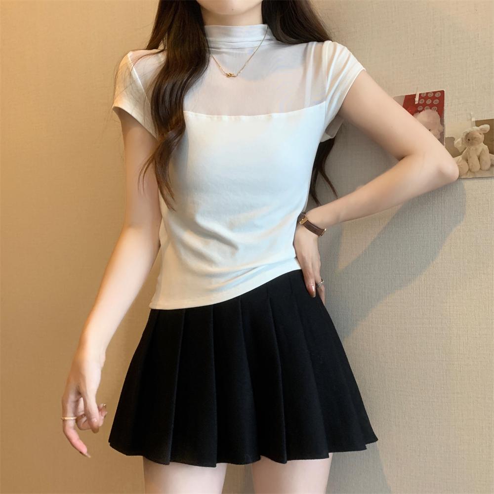Summer Pure Cotton Mesh Splicing T Shirt for Women Solid O-neck Short Sleeve T-shirts Perspective Slim Elastic Skinny Black Tops