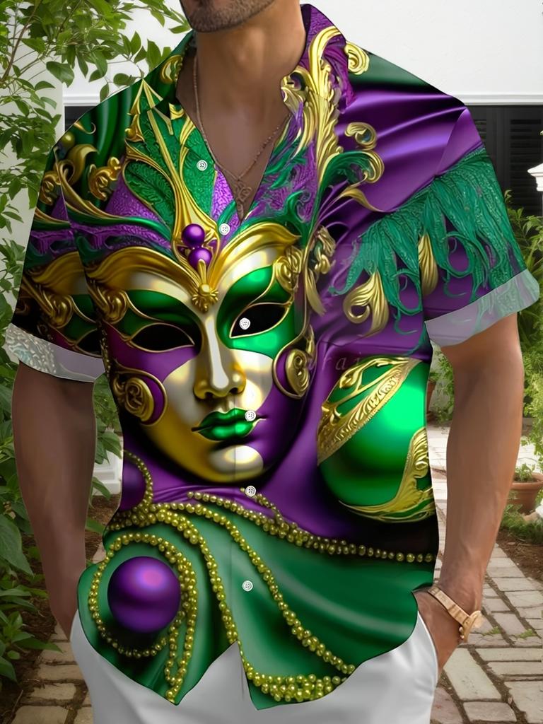 Mardi Gras Mask Print Men'S Plus Size Button-Up Short Sleeve Hawaiian Shirt