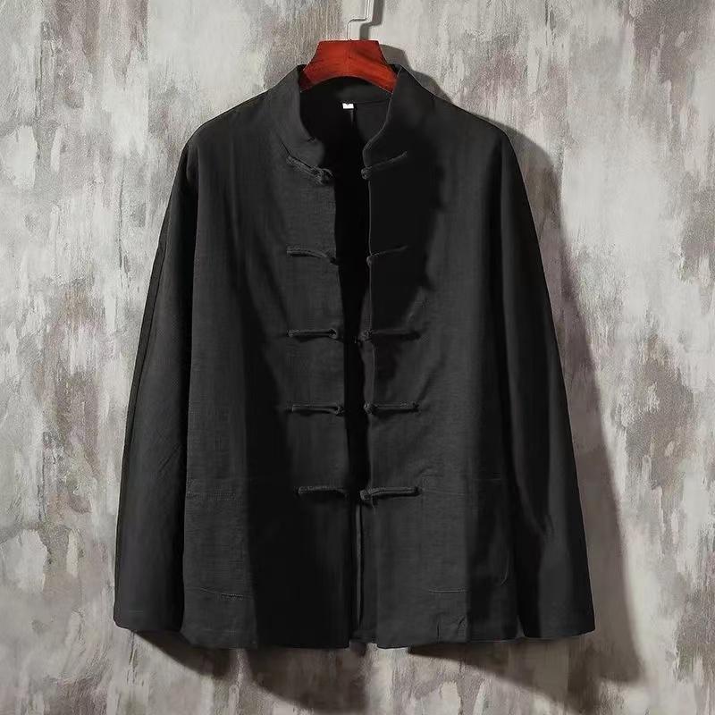 Plus Size Men Cotton Linen Shirt Autumn Spring Men Collarless Long Sleeve Frog Button Loose Blouse Tops Oversized