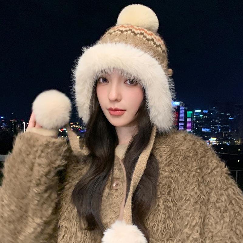 Korean Version Hat Winter Women'S Cute Hairball Knitted Hat Big Head Circumference Autumn Windproof Headgear Ear Protection Warm Hat