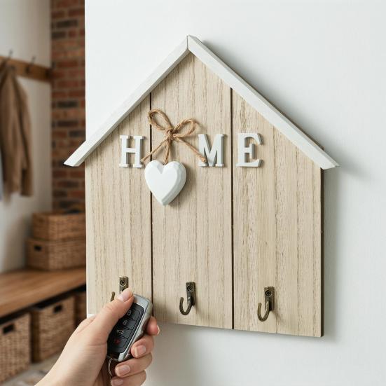 Schlüsselhaken Rustikaler Holz-Eingangsbereich-Organizer mit 3 Metallhaken Klebe-Wandmontage Aufbewahrungsregal für Schlüssel Taschen Schals Masken