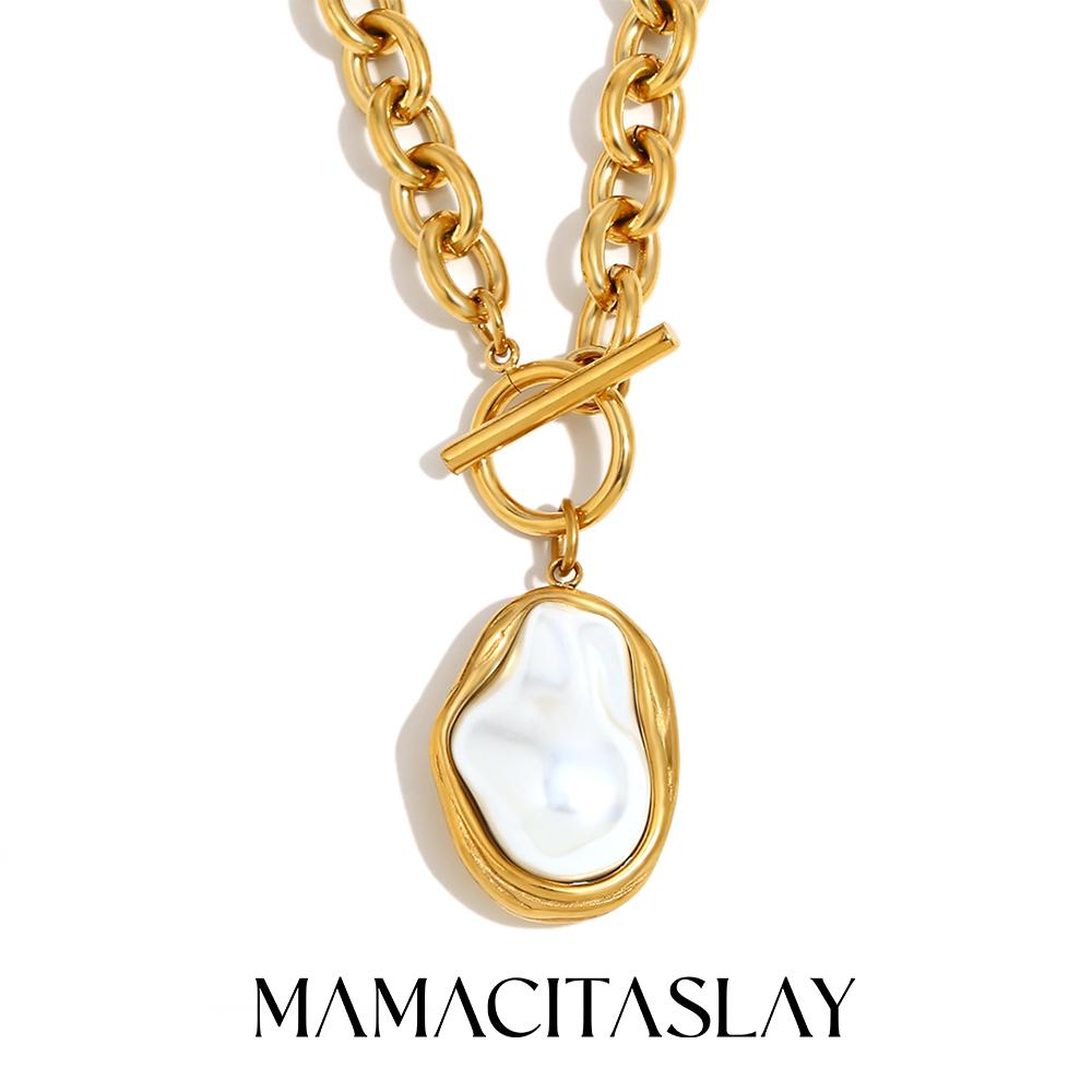MamacitaSlay Stainless Steel Imitation Baroque Pearl Pendant OT Buckle Necklaces Women's Elegant Waterproof Neck Jewelry Gift