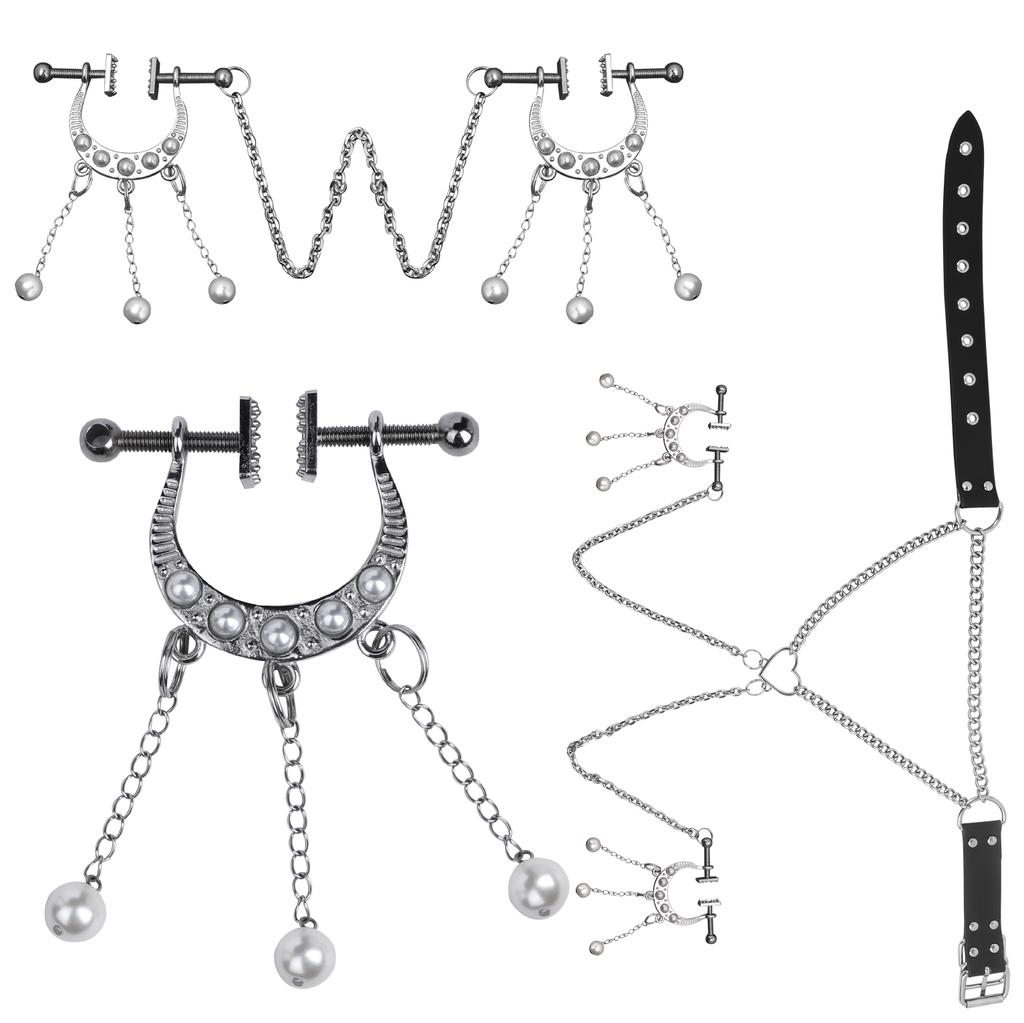 Metal Adjustable Nipple Clamp Clips for Women Non Piercing Rings Nipple Toy Bdsm Stainless Steel Metal Chain Nipple Milk Clips