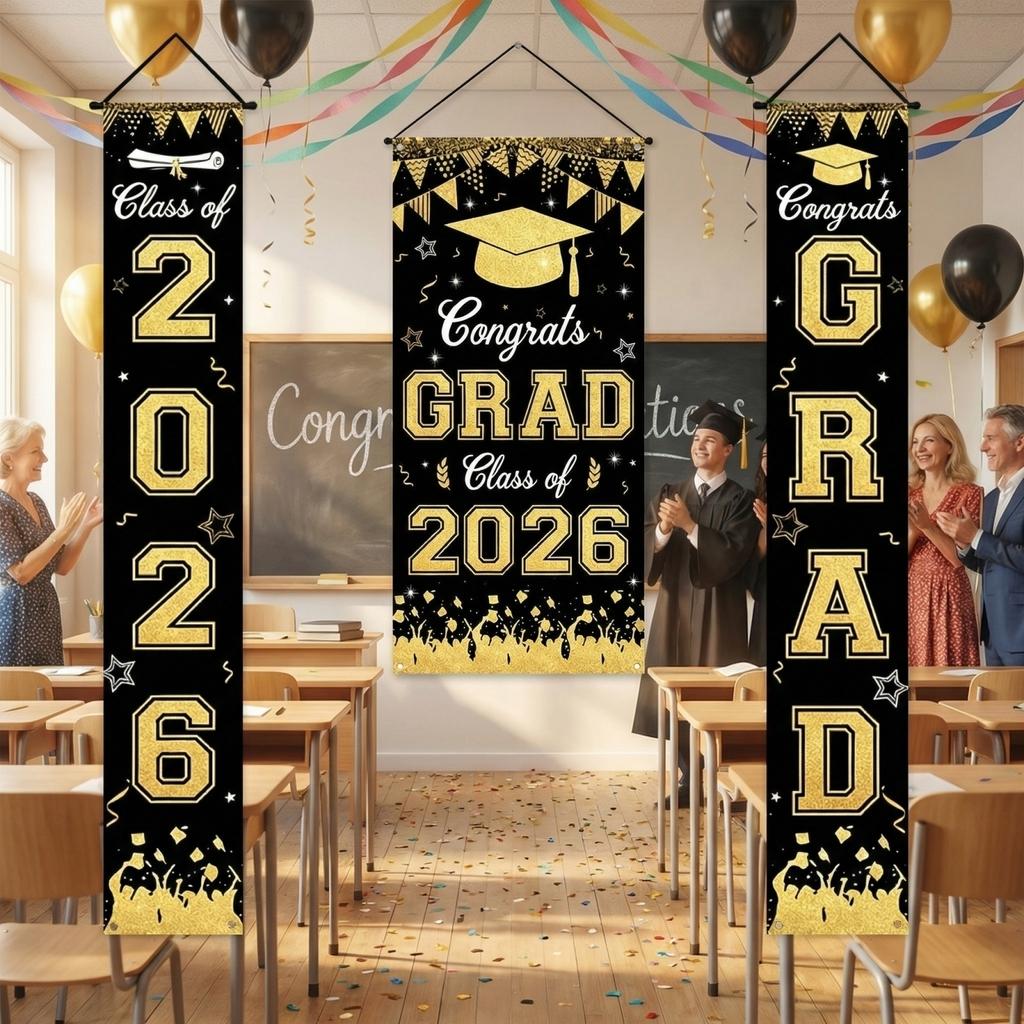 Graduation Flag Set 3-piece Set For Decorating The Atmosphere Of Graduation Party Graduation Party And Class Reunion Decoration Flags