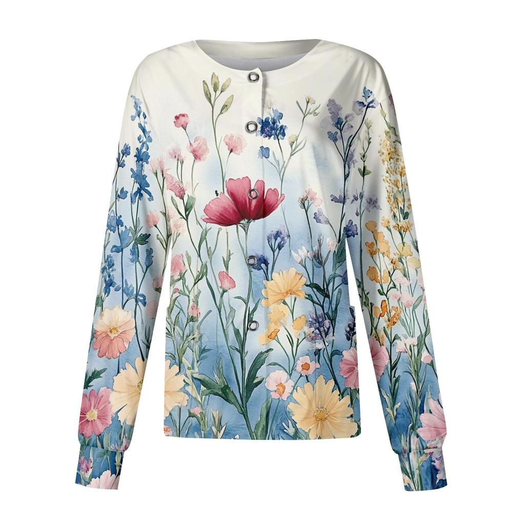 Women's Long Sleeve Button Front Floral Print Medical Scrub Top Lightweight Comfortable Fit Nursing Uniform Shirt