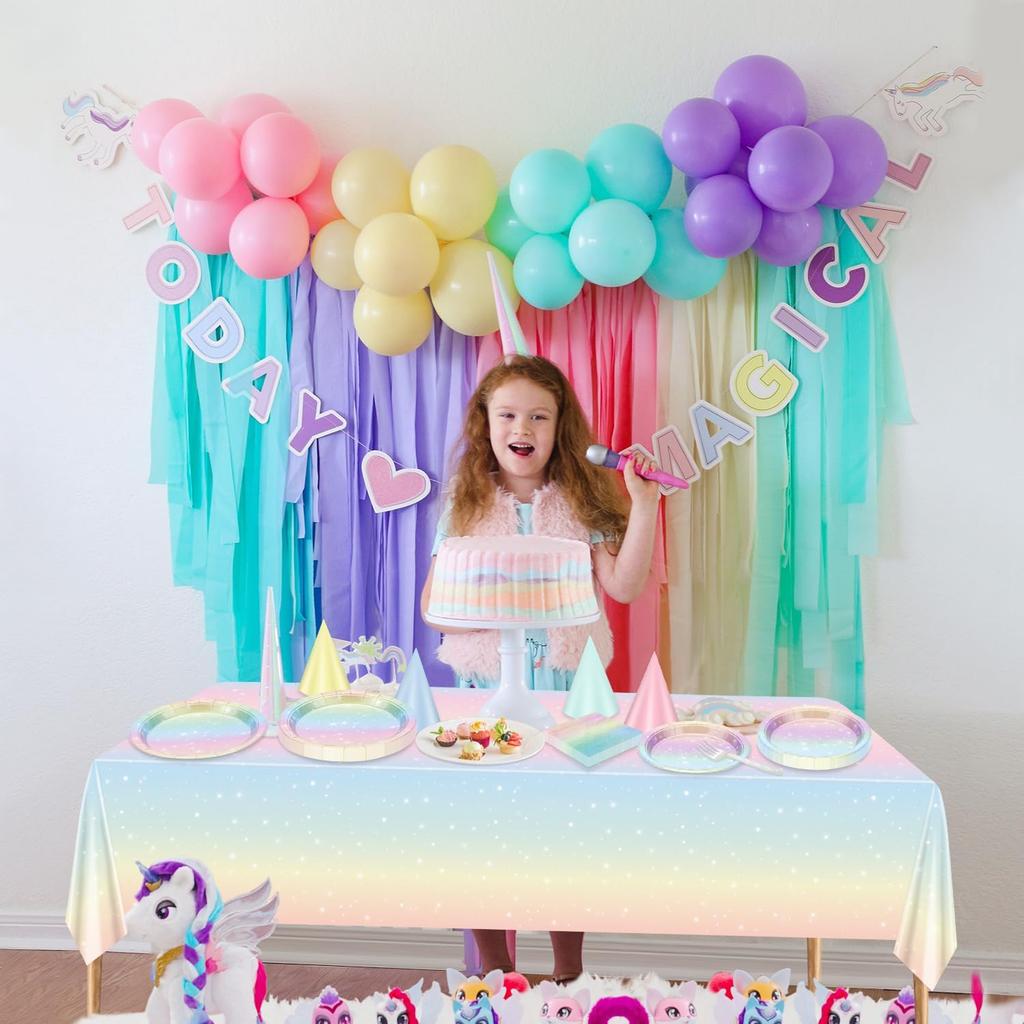 Pastel Rainbow Party Supplies for 20 Guests, Disposable Tableware Set includes Pastel Paper Plates, Napkins, Forks, Tablecloth for Girls Birthday