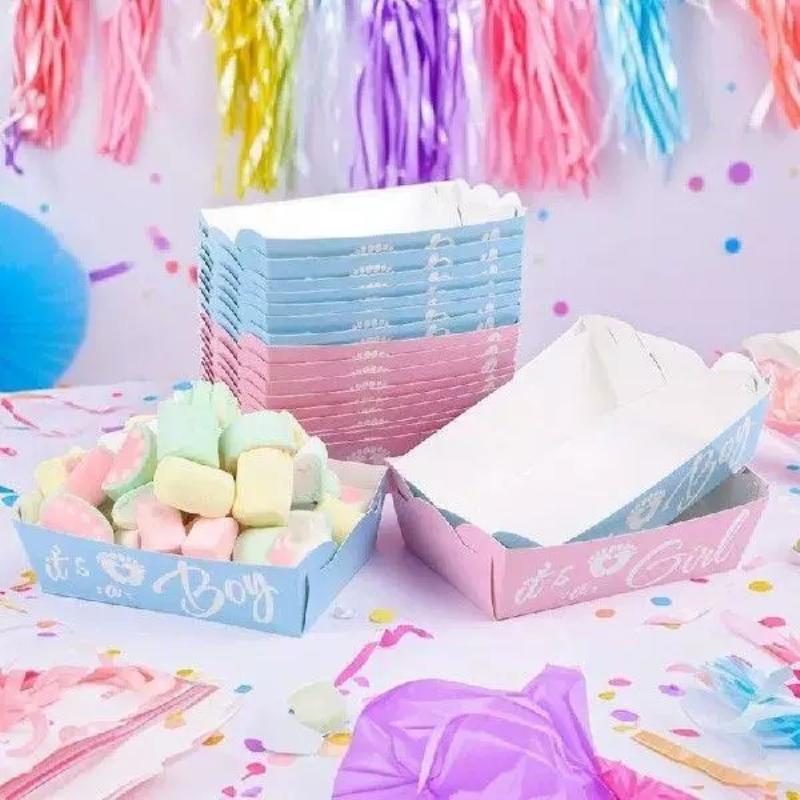 6/12 Adet Cinsiyet Açıklama Kağıt Yiyecek Tepsisi Şeker Kurabiye Atıştırmalık Tutucu Kutusu Mavi Pembe Bir Erkek mi Kız mı Dekorasyon Malzemeleri Bebek Partisi