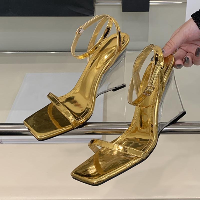Sexy Gold Ankle Strap Sandals Women Summer Fashion Square Open Toe Transparent Wedges Heels Party Prom Shoes Zapatos Mujer