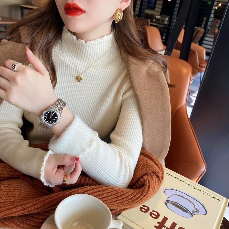 

Fleece thickened sweater women s winter thickened bottoming shirt integrated fleece turtleneck with wooden ear edge and knitted top inside XL абрикосовий