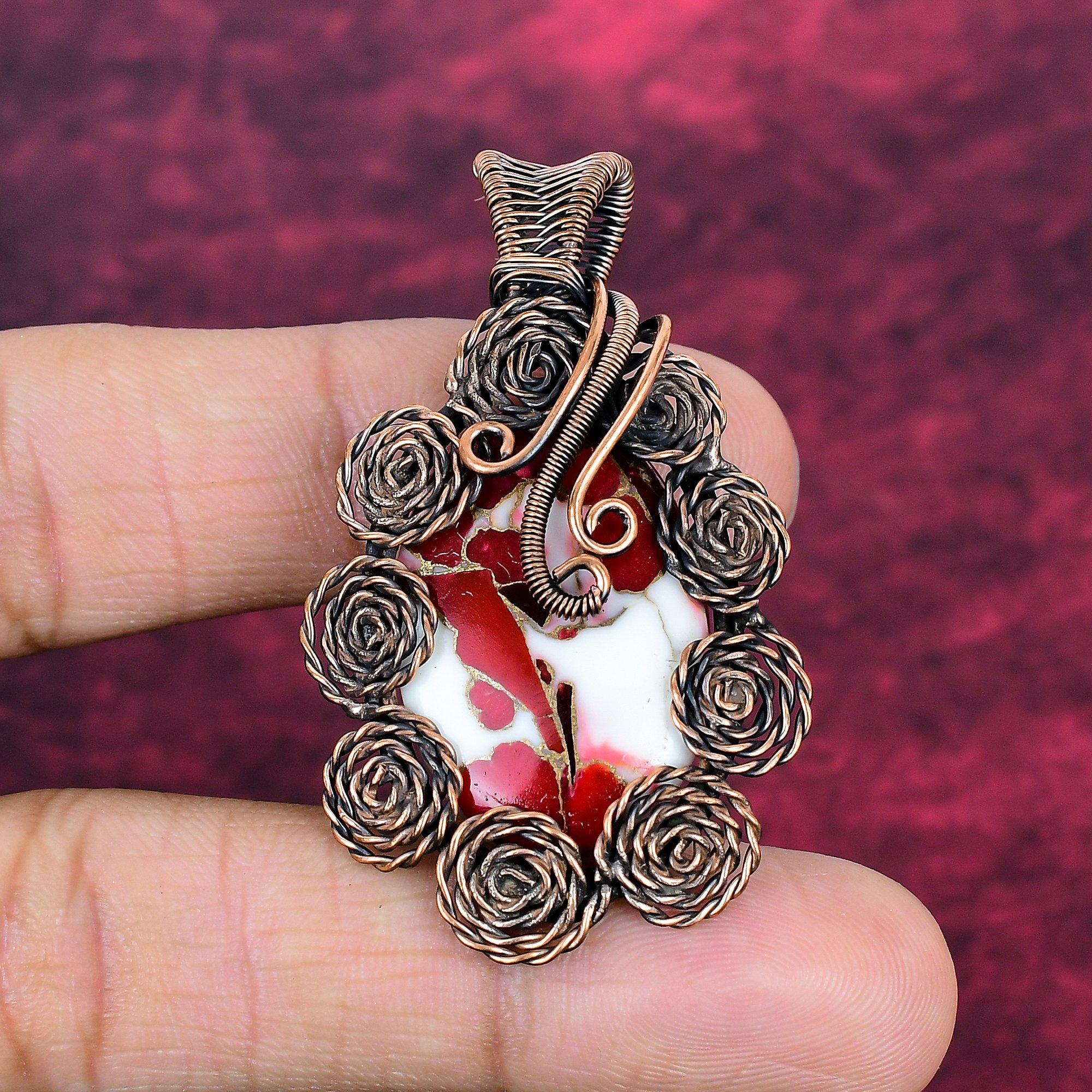 

Kingman Red Mohave Copper Turquoise Pendant Copper Wire Wrapped Flower Jewelry