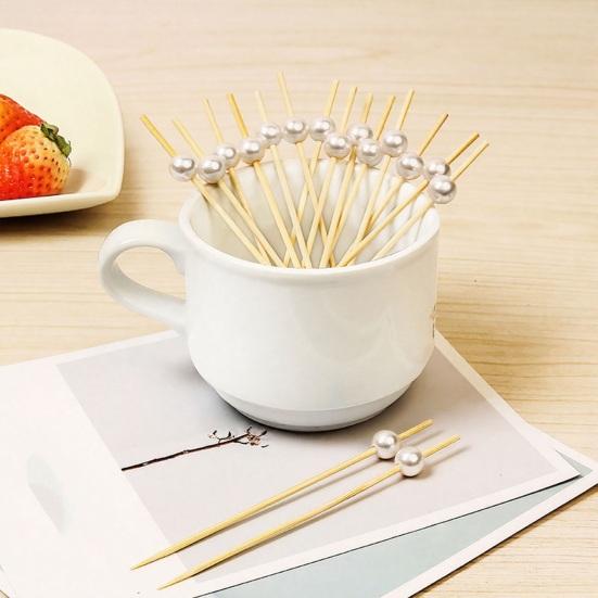 100PCS Disposable Fruit Tags, Pearl Decor Bamboo Sticks, Sharp Tip Luxury Style Skewers, for Cocktails Dessert Cakes Afternoon Tea Decorations