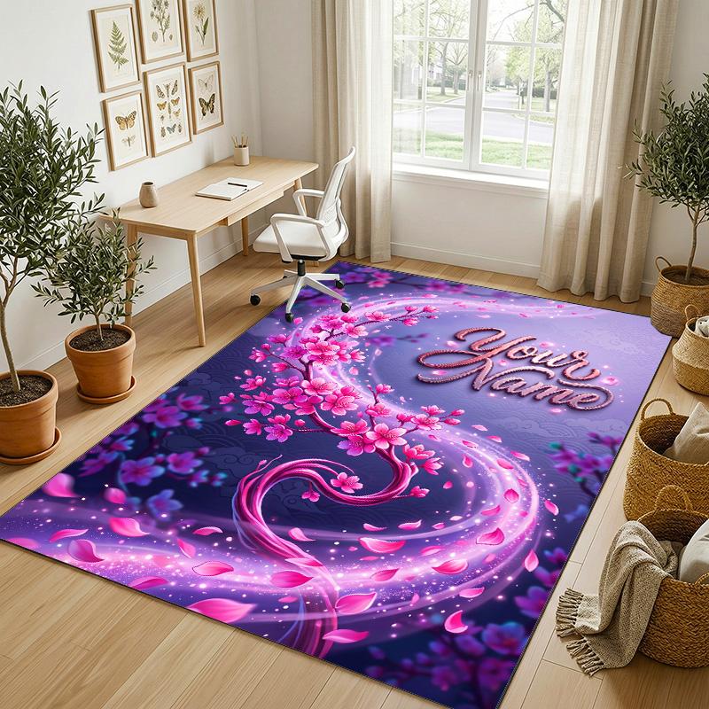 Floral Garden Theme Crystal Velvet Rug Personalized Custom Name Text Soft Floor Mat Home Decor