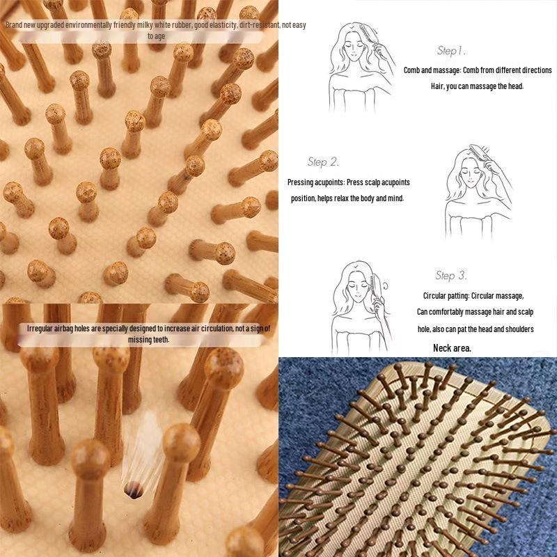 Natural Bamboo Wood Air Cushion Massage Detangling Comb for Curling and Hairdressing