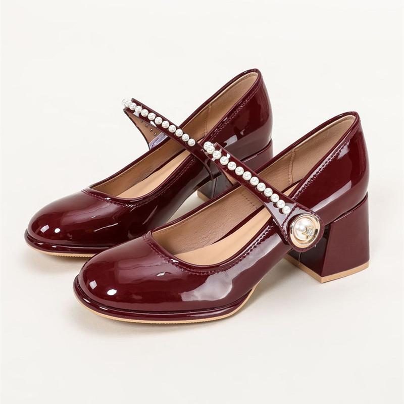 

Fashion High Quality Patent Leather Mary Jane Shoes for Women Pearl Decoration Chunky High Heel Pumps Elegant Party College Style Shoes 35 бордовый