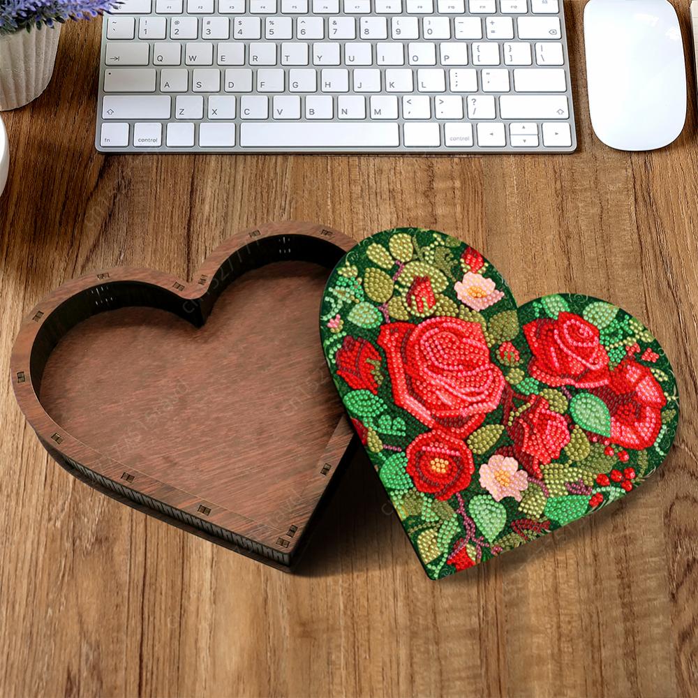 Wood Diamond Painting Jewelry Organizer Flower Bird Crystal Rhinestone Diamond Art Jewelry Case Heart Rose Tulip for Adults Kids