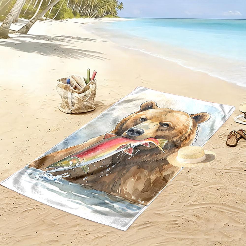 Mighty Bear Catches Salmon Print Beach Towel, Quick Drying, Suitable for Travel, Outdoor Sports, Jogging, the Beach and Swimming, Gift