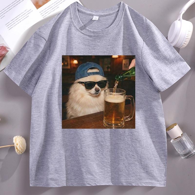 Divertente Pomerania che Beve Birra Maglietta per Cani Cane Meme Grafica Maglietta Regalo per Amante dei Cani Festa del Papà Abbigliamento Uomo