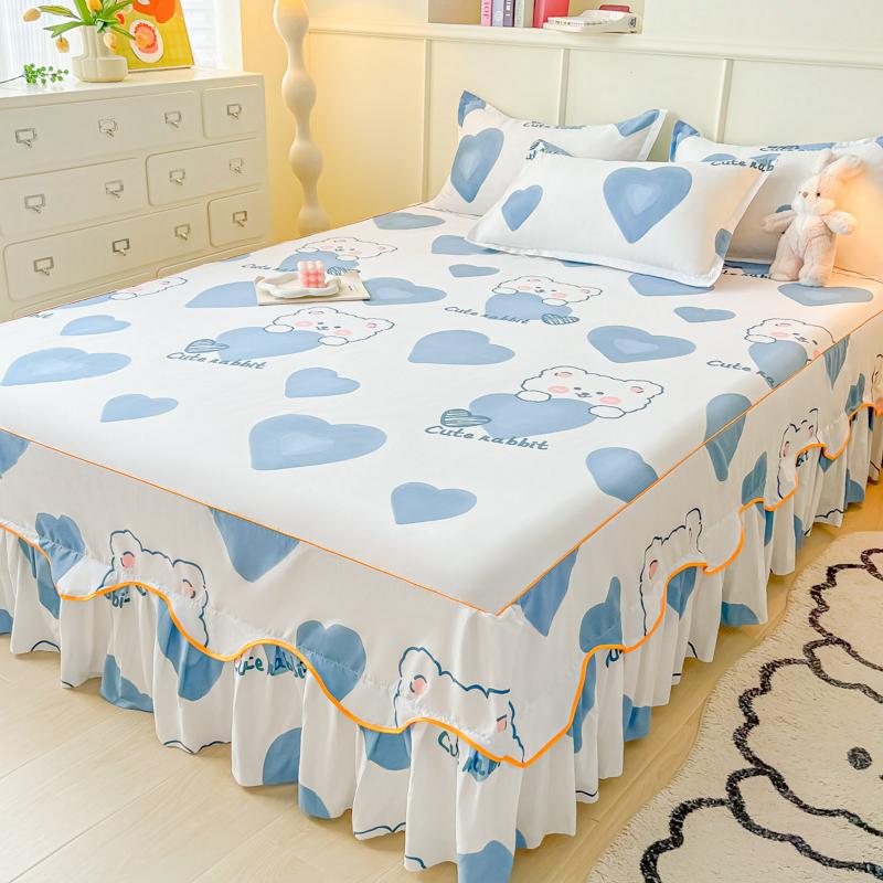 Printed Bed Skirt with Pillowcase Queen Size Bed Cover Set Ruffles Mattress Protector Home Bed Linen Soft Bedspread Jupe De Lit