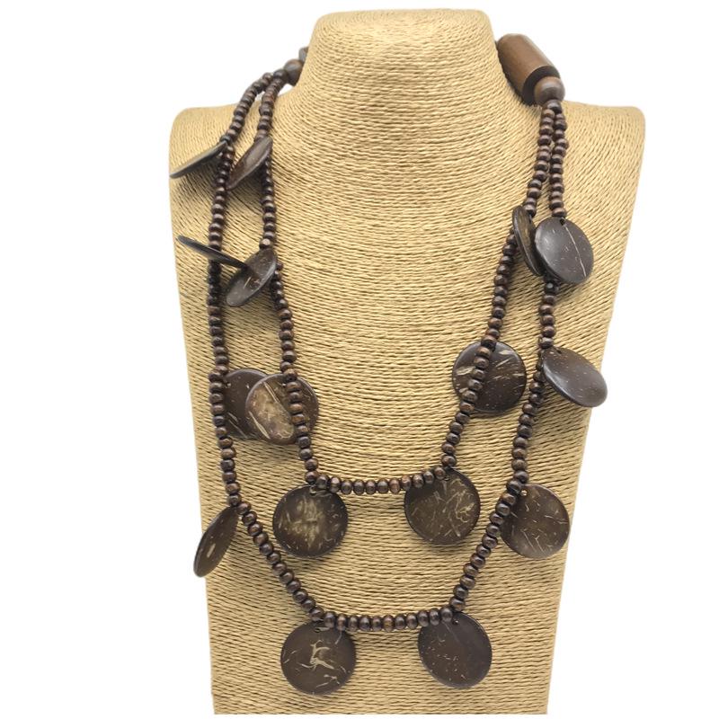 Retro Natural Double-Layer Wooden Round Pendant Necklace