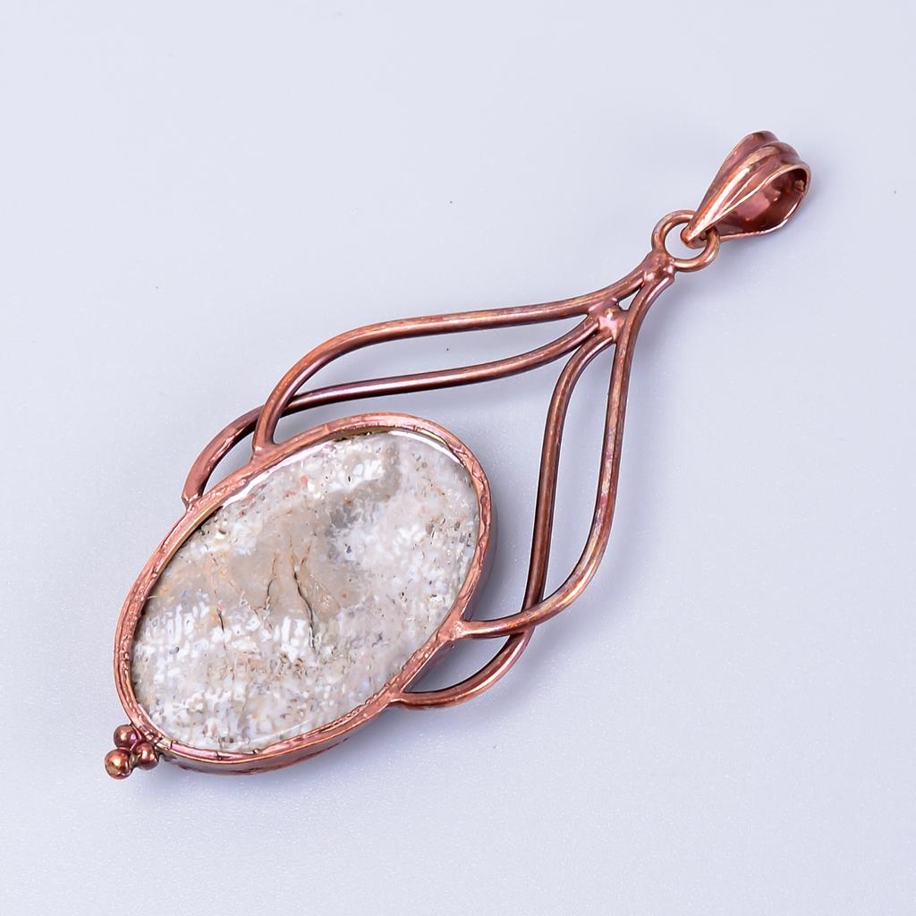 Oval Fossil Coral Gemstone Engagement Electroformed Handcrafted Pendant Copper V-52