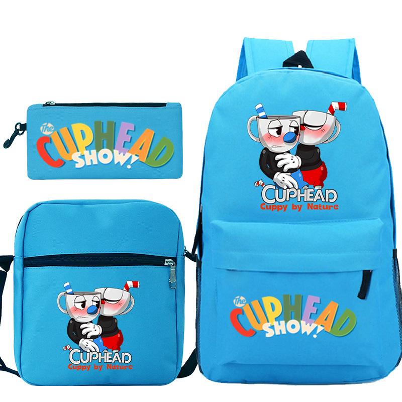 Cartoon Teacup Head Cuphead Student School Bag Backpack Three-piece Set Children's Shoulder Bag Pencil Bag