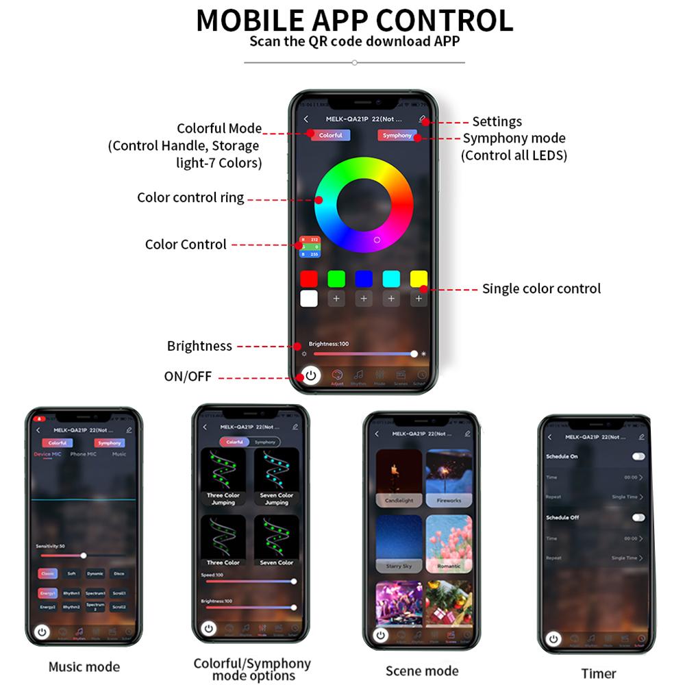 Led Car Ambient Lights Symphony Bluetooth App RGB 213 Color Streamer Rainbow Acrylic Strip Interior Atmosphere Lamp