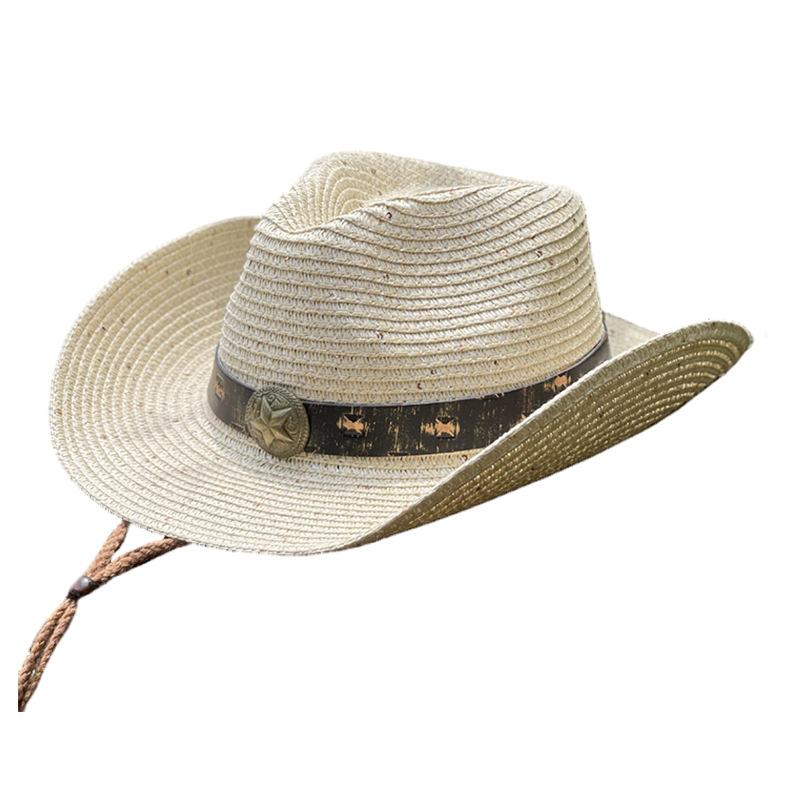 Five-star dyed belt sequined straw hat women's spring and summer outdoor travel sunscreen sunshade western cowboy hat