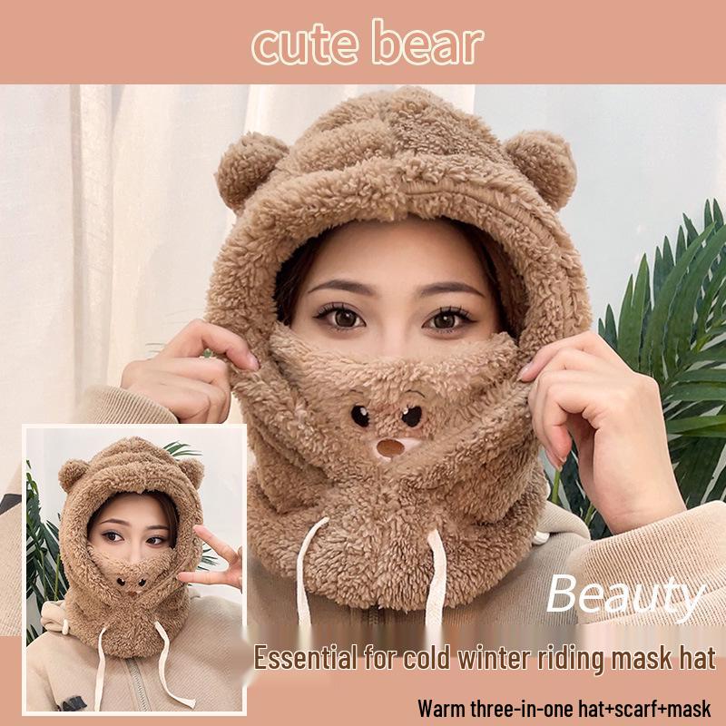 Nowy damski jednoczęściowy kapelusz z kapturem i szalik: Pluszowy, Pogrubiony, Ciepły, Miękki, Zimowy, Ochrona przed zimnem i uszu, Ocieplacz na szyję, Uroczy design.