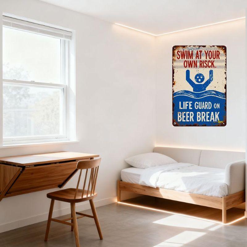 Vintage Swim At Your Own Risk Metal Tin Sign with Lifeguard Beer Break Illustration - Humorous Warning Plaque for Home Bar Man C