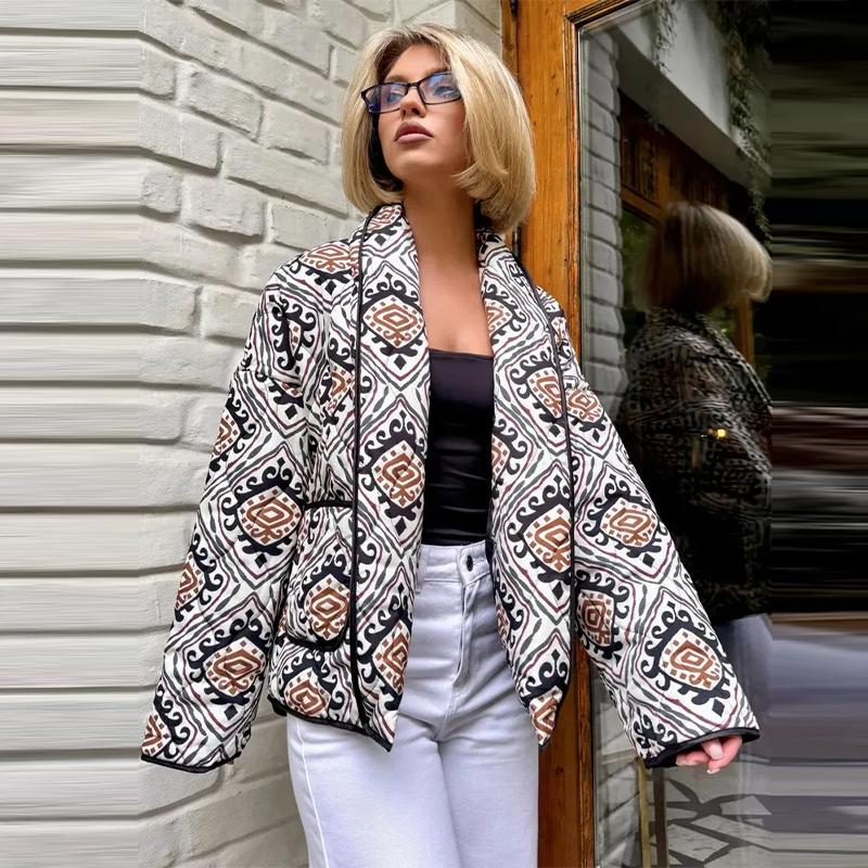 Printed Lace Up Cotton Jacket Lapel Cardigan Thick Warm Women's Oversize Coat Retro Ethnic Style Autumn/Winter 2025
