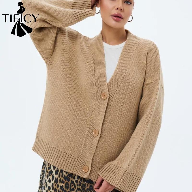 TIFICY Women's Fashion Casual Fall Winter Solid Color Print Long Sleeve V-Neck Sweaters