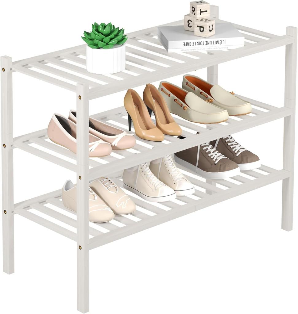 3-Tier Bamboo Shoe Rack - Free Standing Space-Saving Shoe Shelf Organizer for Small Spaces, Stackable Eco-Friendly