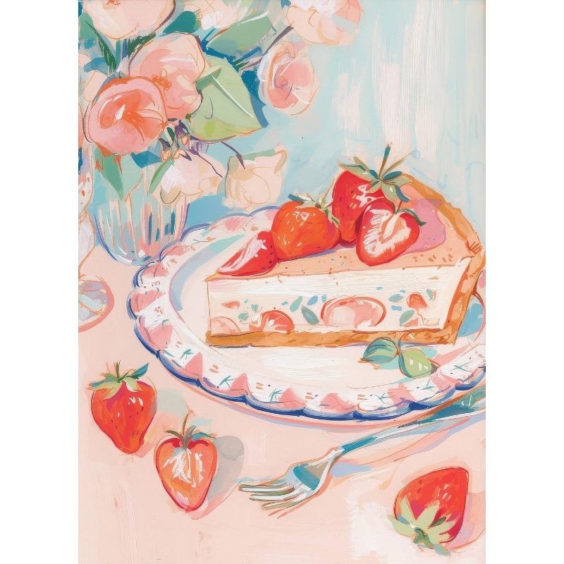 Pastel Strawberry Basket Watercolor Poster Cake Desserts Canvas Painting Trendy Wall Art Girly Kitchen Room Home Decor Mural
