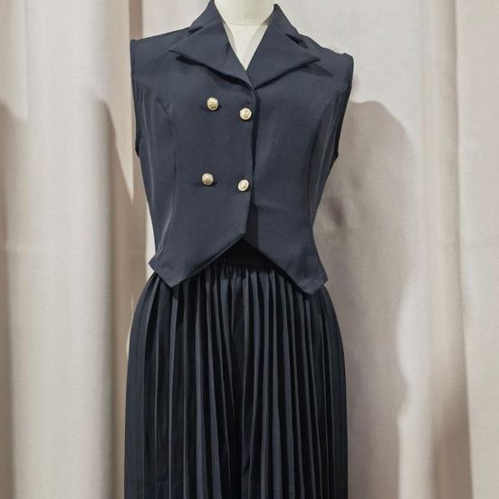 Damen 2-teilige Westen-Sets Ärmellos Knopfleiste Crop Blazer Weste Und Weite Faltenhose
