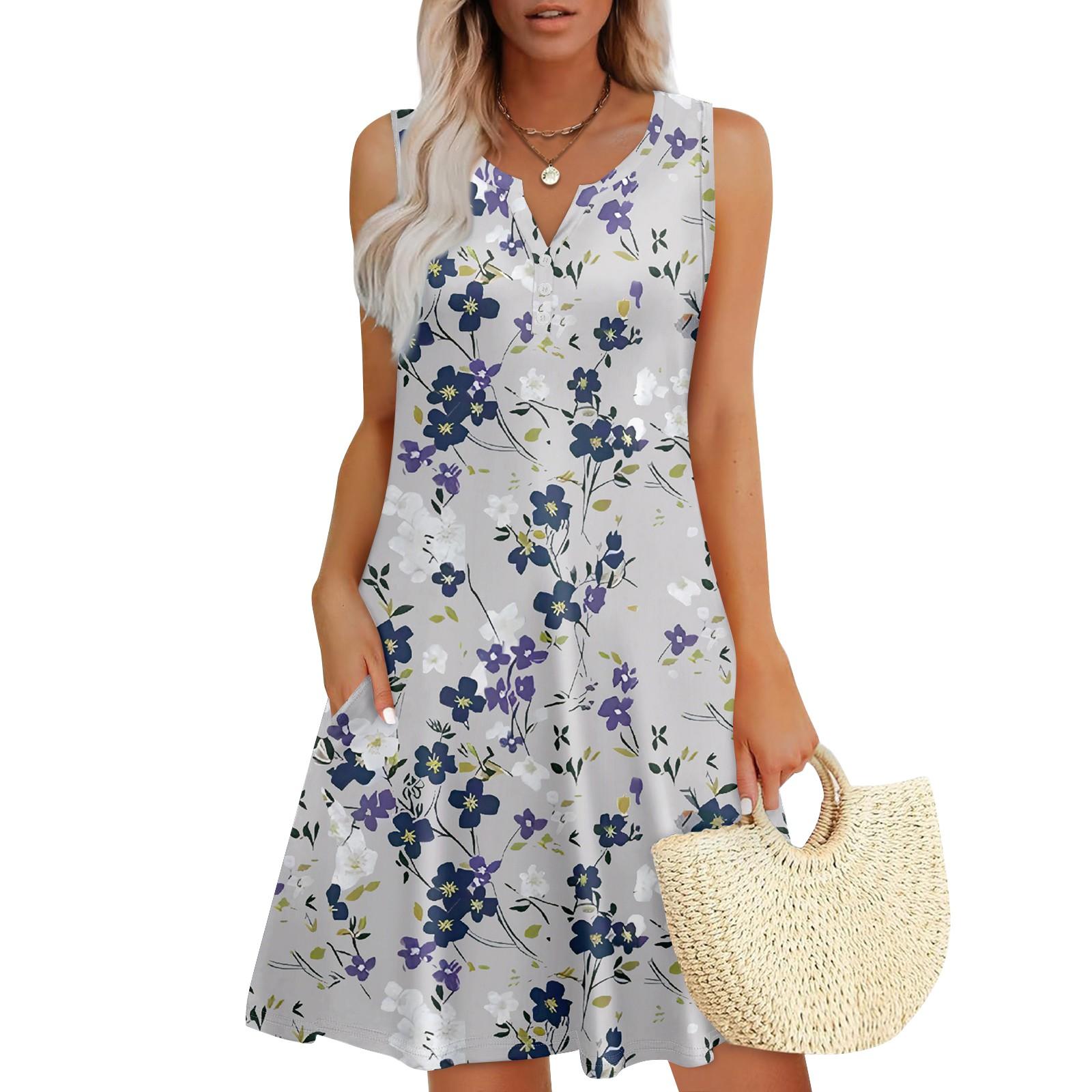 

Женские летние платья Свободные сарафаны без рукавов с V-образным вырезом Платье с карманами XXL