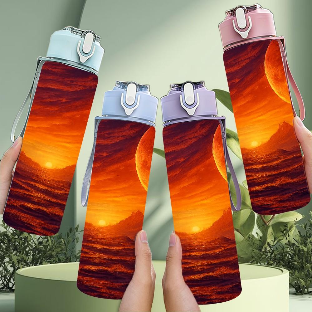 1PC Sunset Planet Cosmic Landscape Print 750ml Color Plastic Sports Water Bottle Leakproof Flip Straw Lid Suitable for Sports Office Home Use