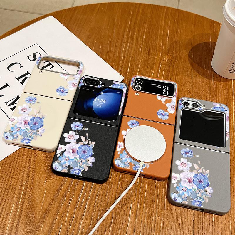 Leather Texture TPU Case For Magsafe For Samsung Galaxy Z Flip 6 5 4 3 5G Flip6 Flip5 Flip4 Blue Flower Patterned Folding Cover