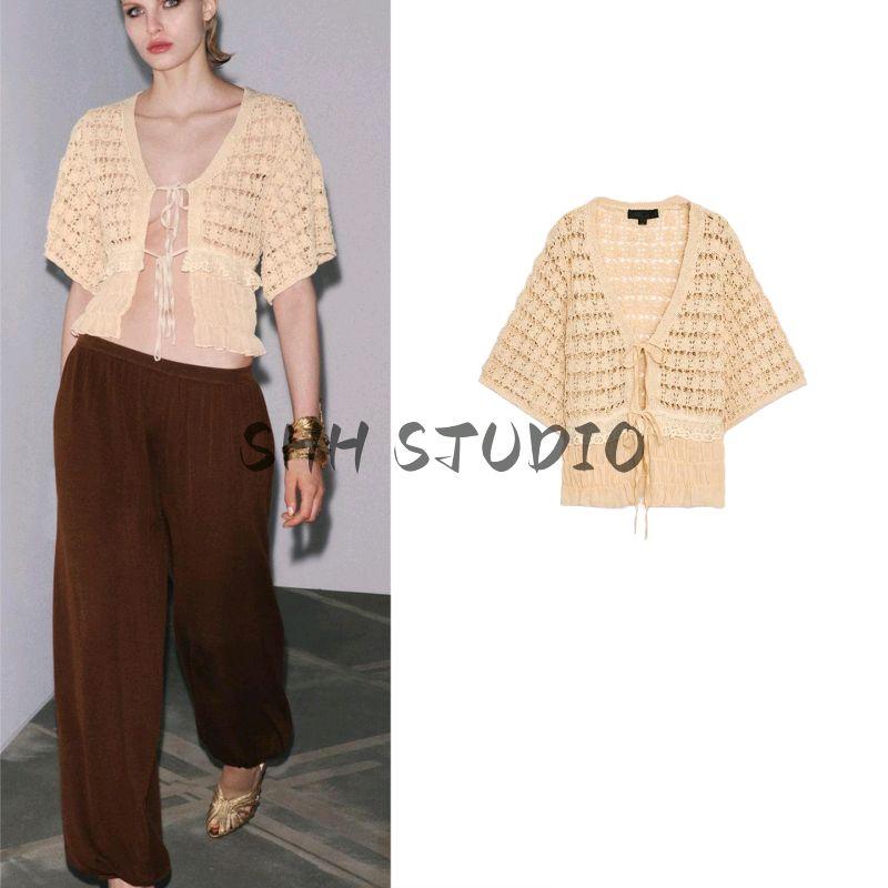 Summer New Product Women's Clothes Ruched Decorative Bowknot Shoelace V-neck Patchwork Short Sleeve Knitting Cardigan 6236011