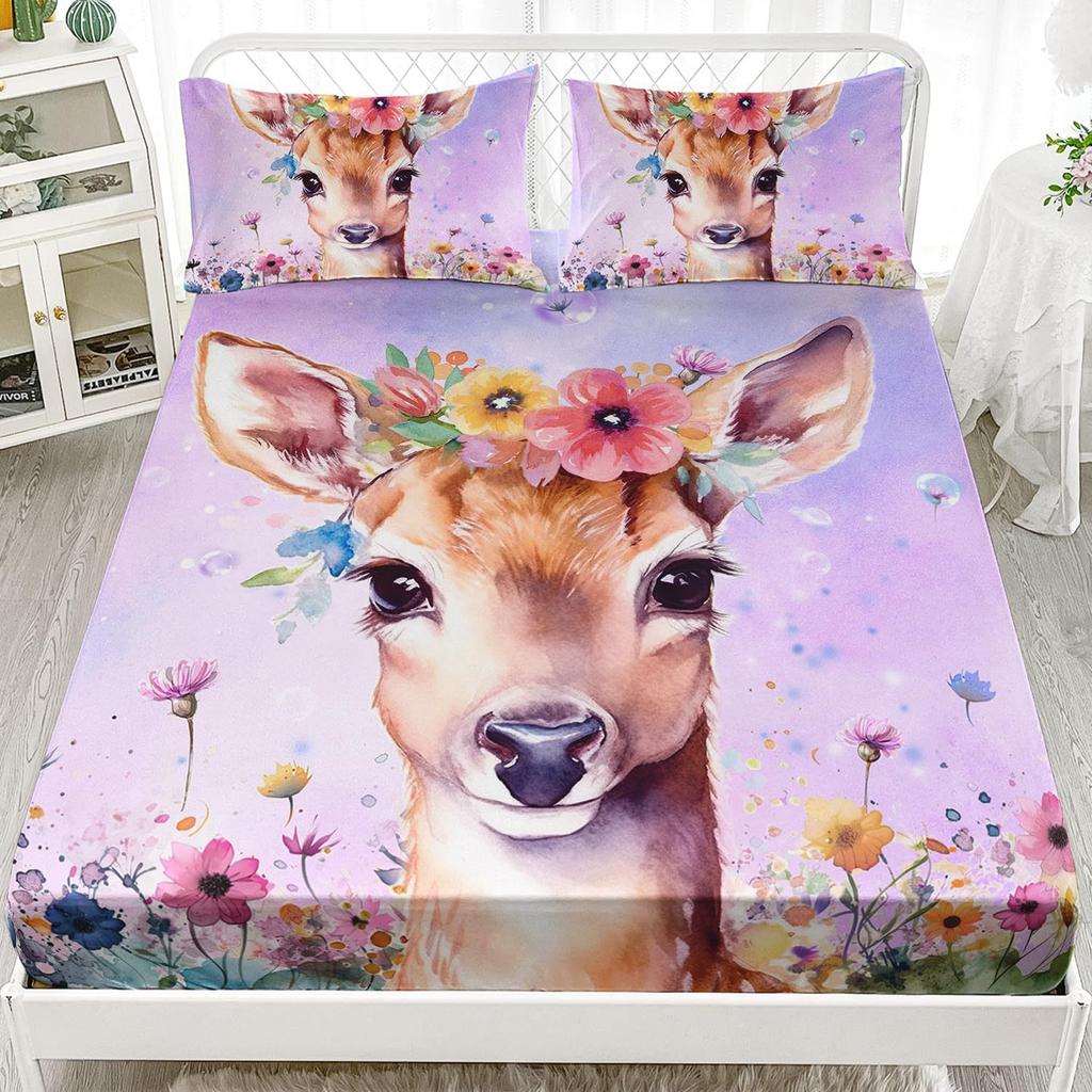 Cute Flower Deer Pattern Mattress Three-Piece Digital Printing Home Bedding Set